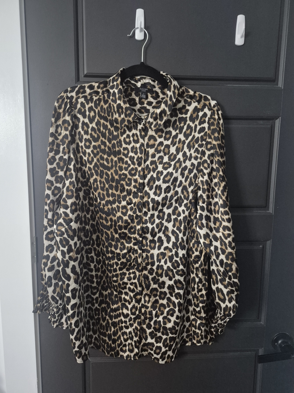 Leopard Print Button-Front Blouse in Taupe & Black